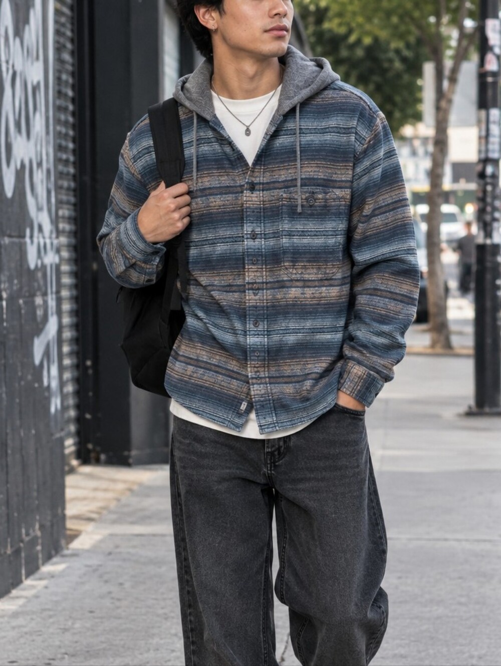 Billabong Men’s L Striped Hooded Flannel Core Fit Stretch
